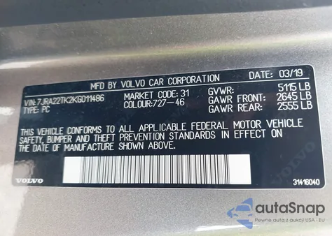 2019 Volvo S60 T6 Momentum из США, поврежденный, VIN 7JRA22TK2KG011486